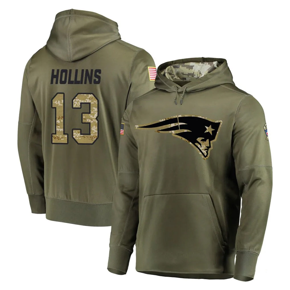 NE.Patriots #13 Mack Hollins Player Olive Salute to Service Pullover Hoodies Home Game Qdoa Stitched Jerseys