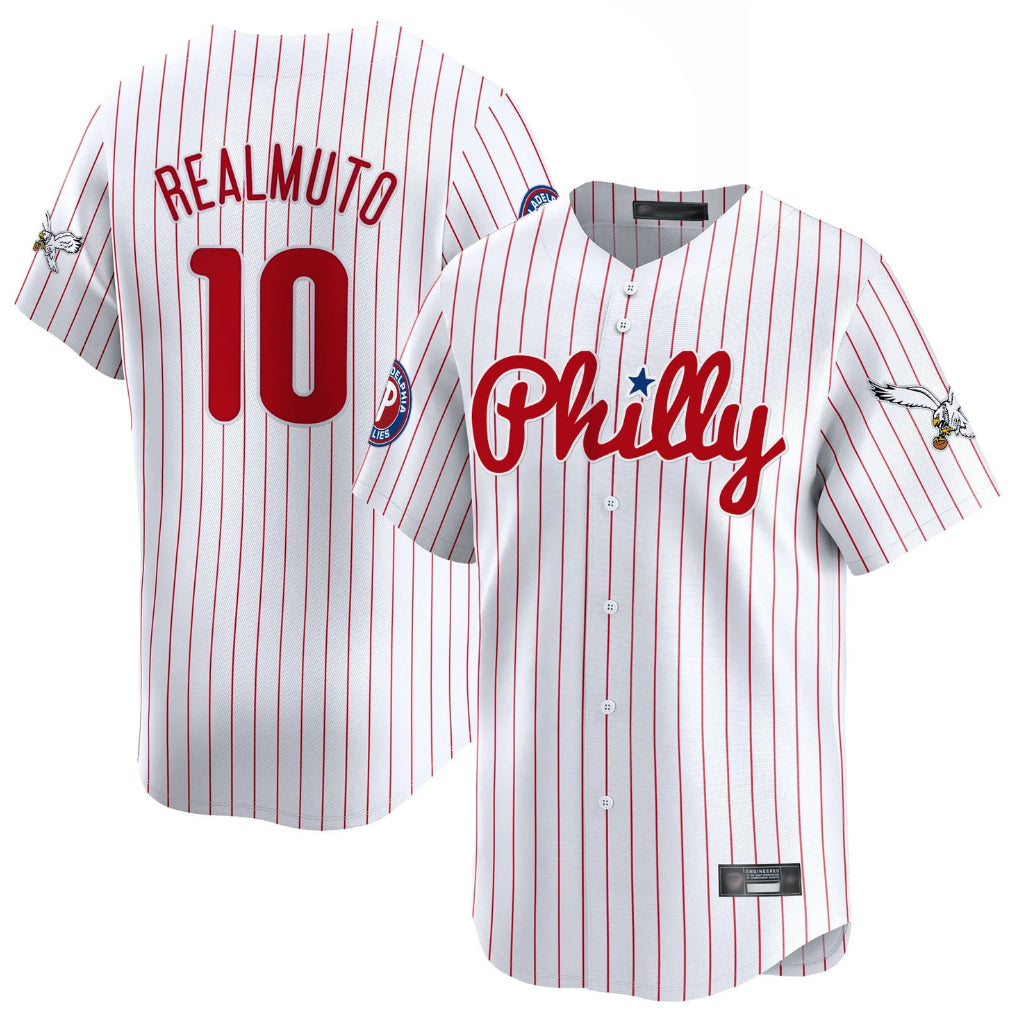 P.Phillies #10 J.T. Realmuto Player White Pinstripe Phillies & Eagles Vapor Premier Limited Qdoa Stitched Jerseys