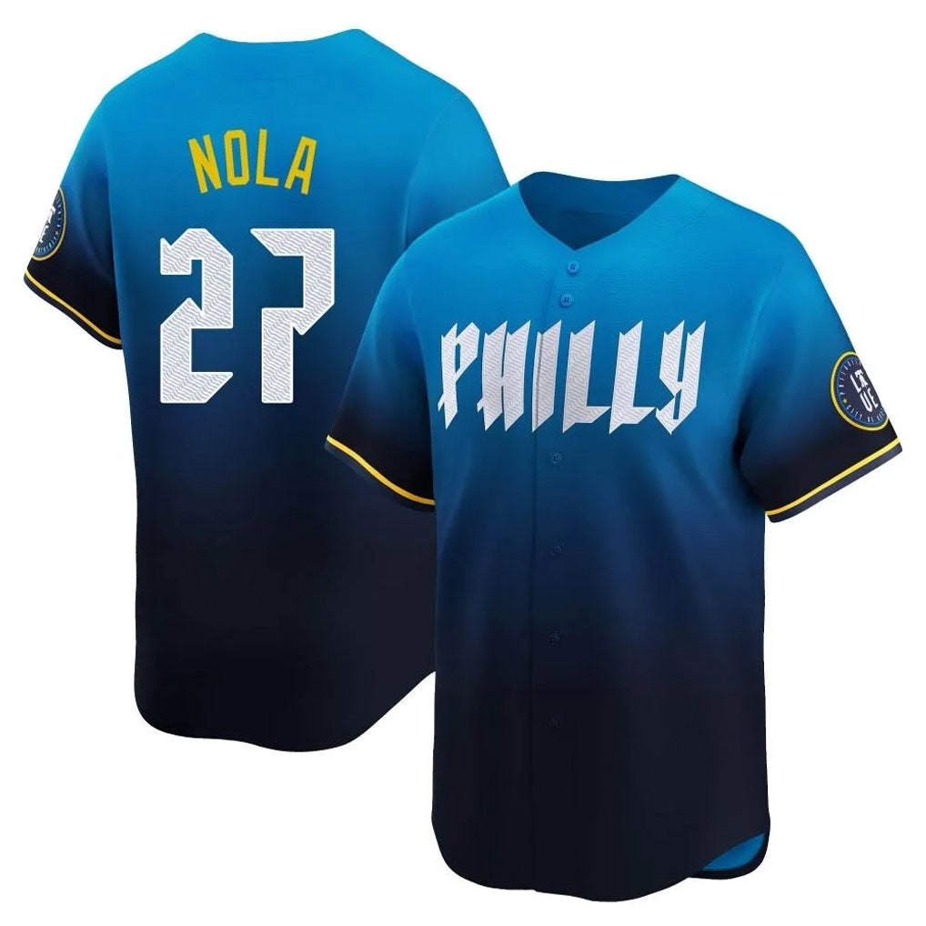 P.Phillies #27 Aaron Nola Player Blue City Connect Home Limited Qdoa Stitched Jerseys