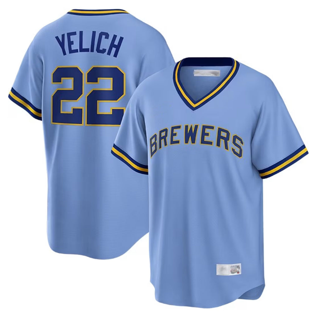 M.Brewers #22 Christian Yelich Player Light Blue Cooperstown Collection Game T-shirt Qdoa Stitched Jerseys