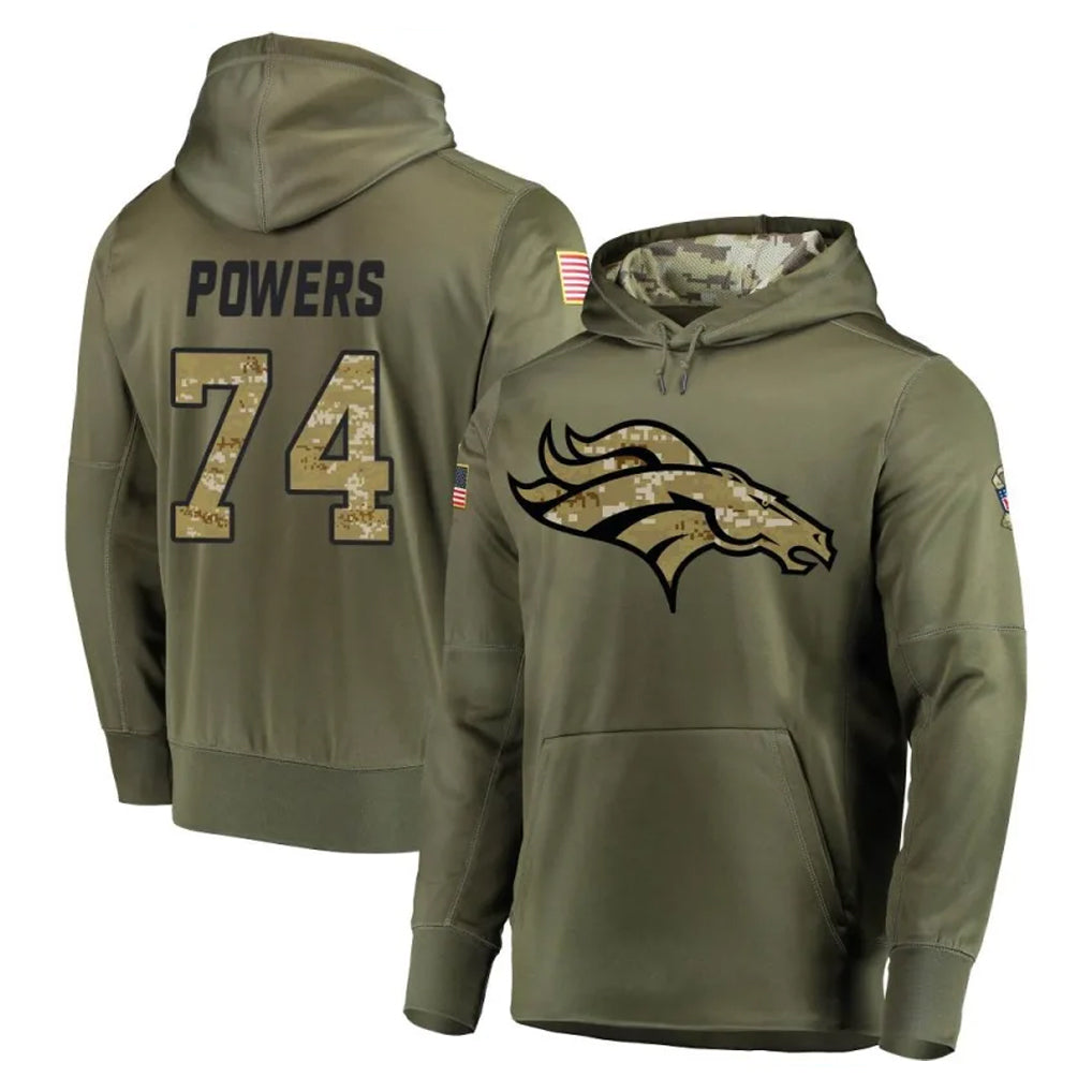 D.Broncos #74 Ben Powers Player Olive Salute to Service Pullover Hoodies Home Game Qdoa Stitched Jerseys