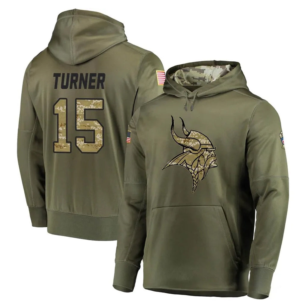 M.Vikings #15 Dallas Turner Player Olive Salute to Service Pullover Hoodies Home Game Qdoa Stitched Jerseys