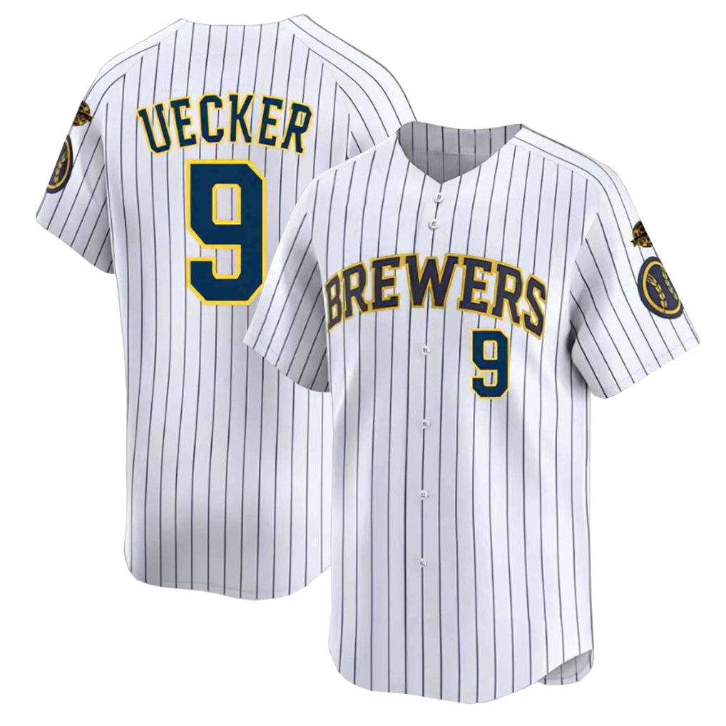 M.Brewers #9 Bob Uecker Player White Stripes Home Limited Game Qdoa Stitched Jerseys