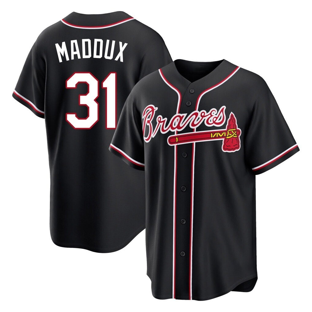 A.Braves #31 Greg Maddux Player Black Fashion Out Game Qdoa Stitched Jerseys