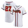 A.Braves #27 Austin Riley Player White Gold Limited Elite Home Game Qdoa Stitched Jerseys