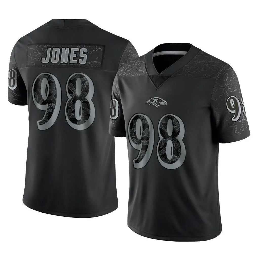 B.Ravens #98 Travis Jones Player Black REFLECTIVE Limited Qdoa Stitched Jerseys