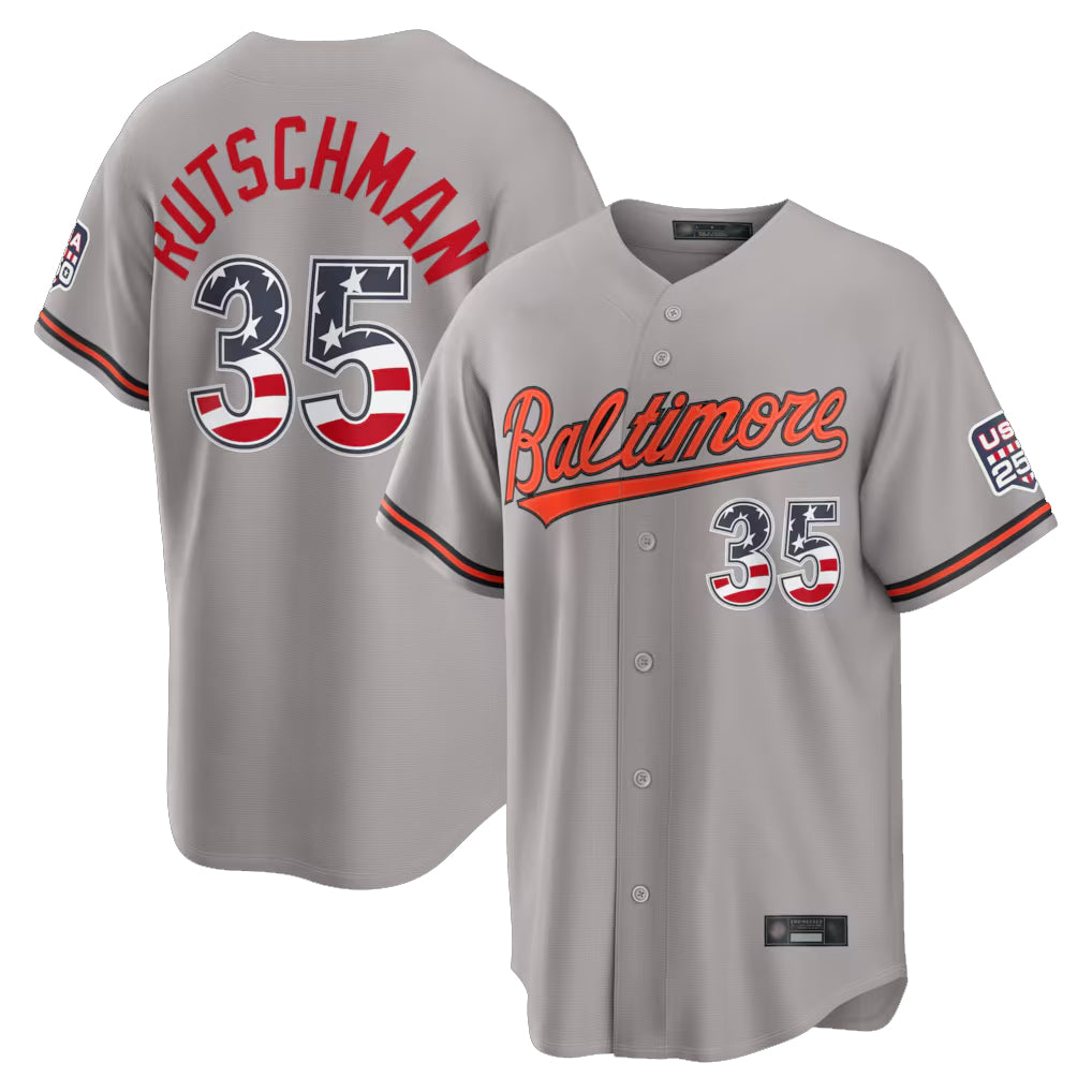 B.Orioles #35 Adley Rutschman Player Gray USA 250 Fourth of July Home Game Qdoa Stitched Jerseys