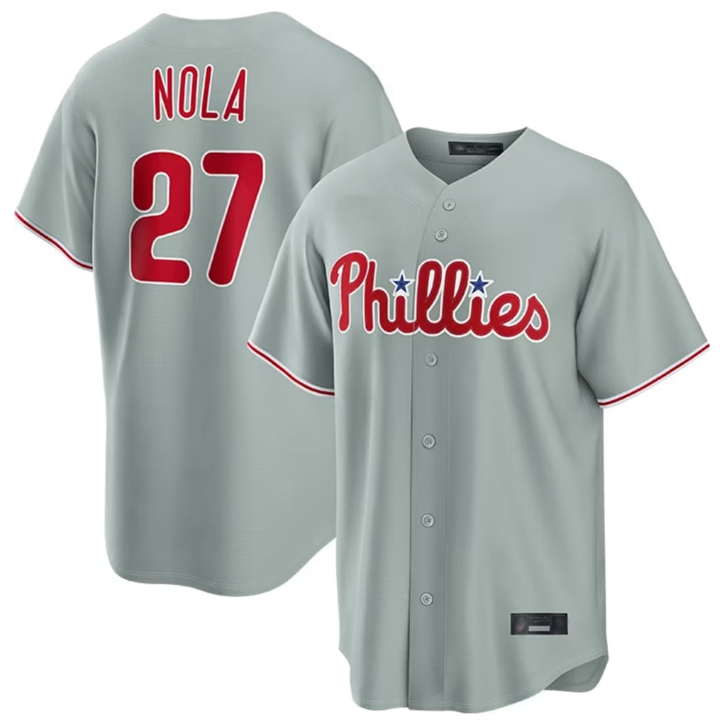 P.Phillies #27 Aaron Nola Player Gray Home Game Qdoa Stitched Jerseys