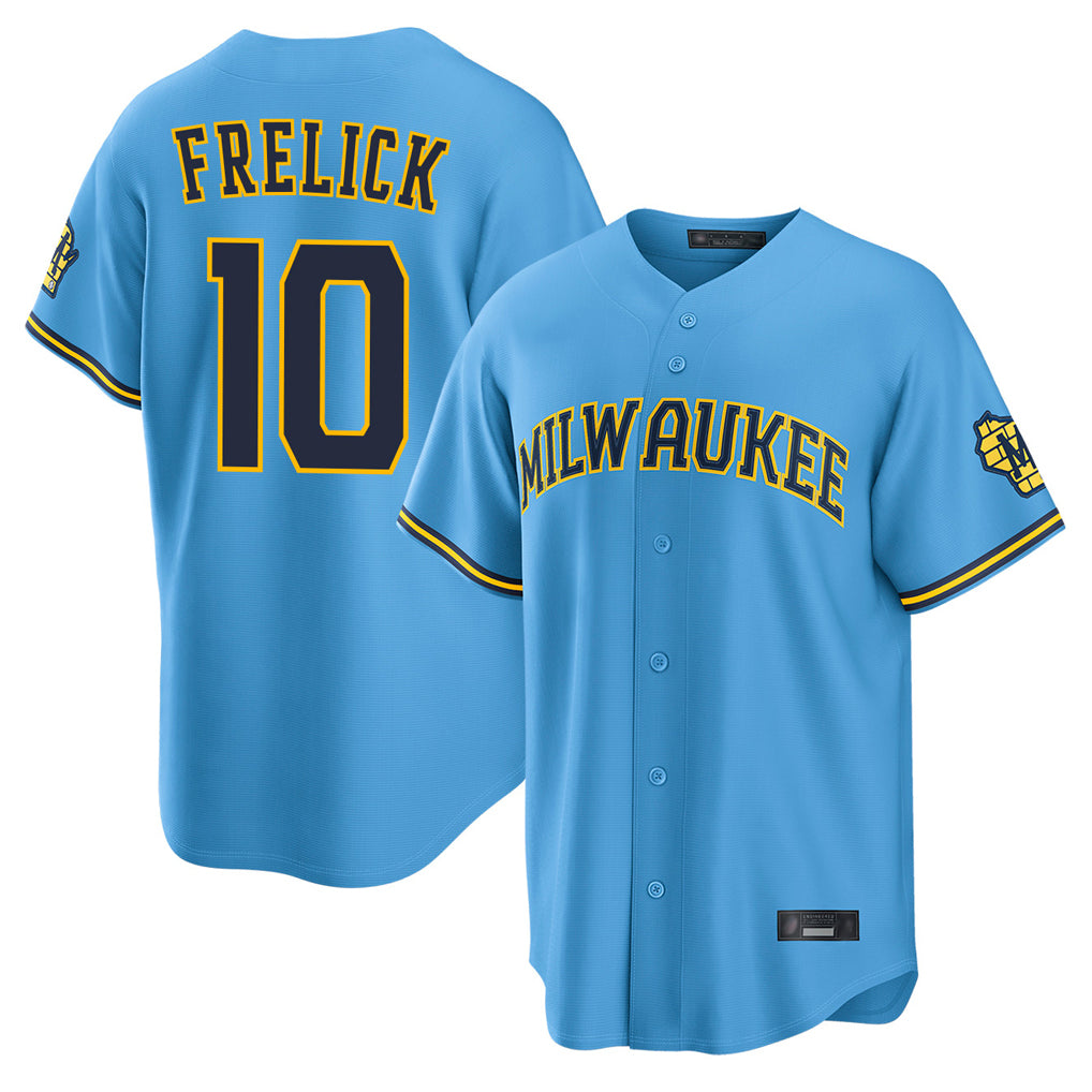 M.Brewers #10 Sal Frelick Player Light Blue Road Stadium Game Qdoa Stitched Jerseys