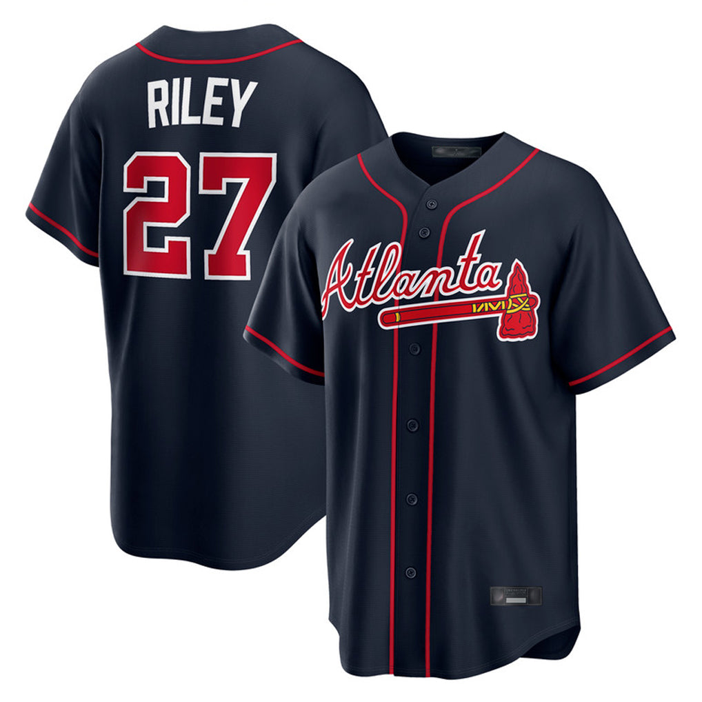 A.Braves #27 Austin Riley Player Navy Home Game Qdoa Stitched Jerseys