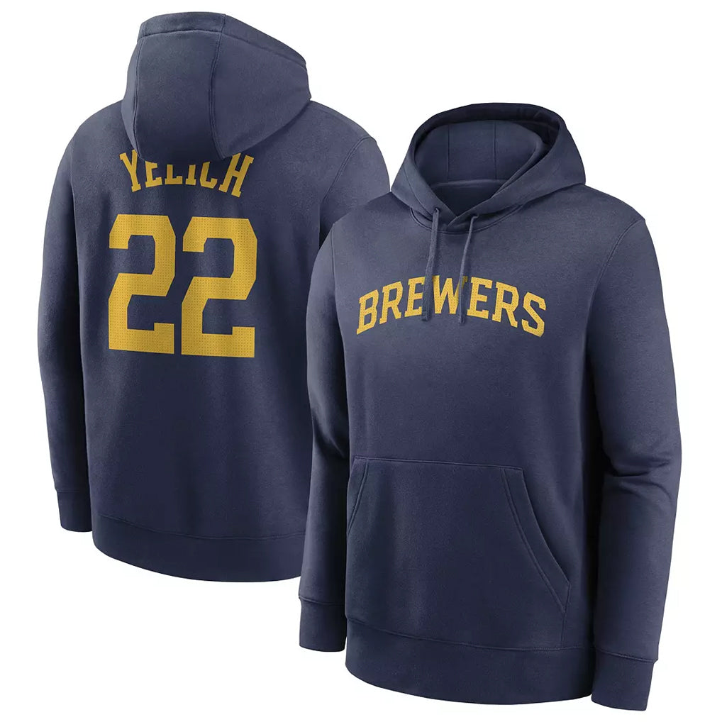 M.Brewers #22 Christian Yelich Player Navy Club Pullover Hoodie Game Qdoa Stitched Jerseys