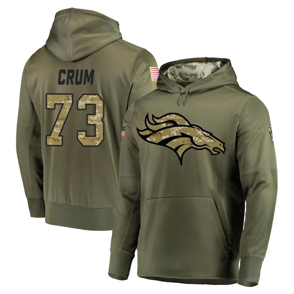 D.Broncos #73 Frank Crum Player Olive Salute to Service Pullover Hoodies Home Game Qdoa Stitched Jerseys