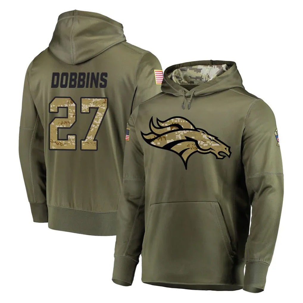D.Broncos #27 J.K. Dobbins Player Olive Salute to Service Pullover Hoodies Home Game Qdoa Stitched Jerseys