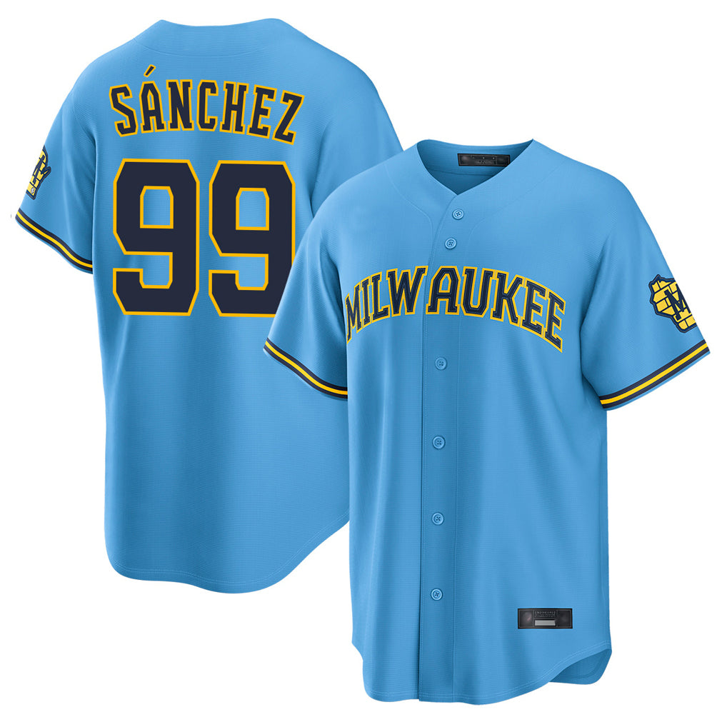 M.Brewers #99 Gary Sanchez Player Light Blue Road Stadium Game Qdoa Stitched Jerseys