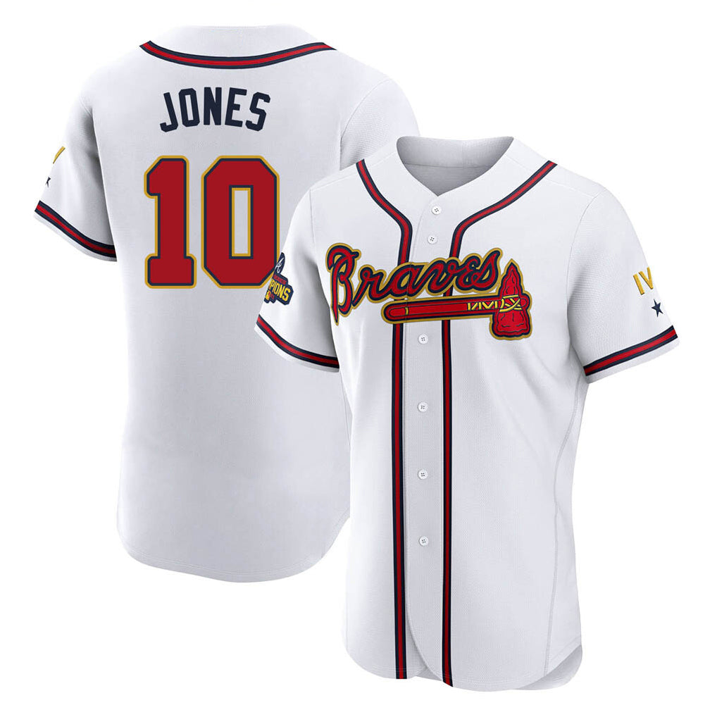 A.Braves #10 Chipper Jones Player White Gold Limited Elite Home Game Qdoa Stitched Jerseys