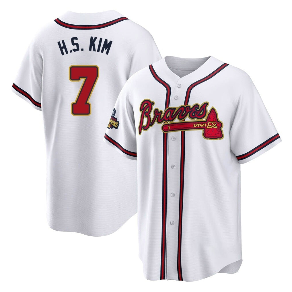 A.Braves #7 Ha-Seong Kim Player White Gold Home Game Qdoa Stitched Jerseys