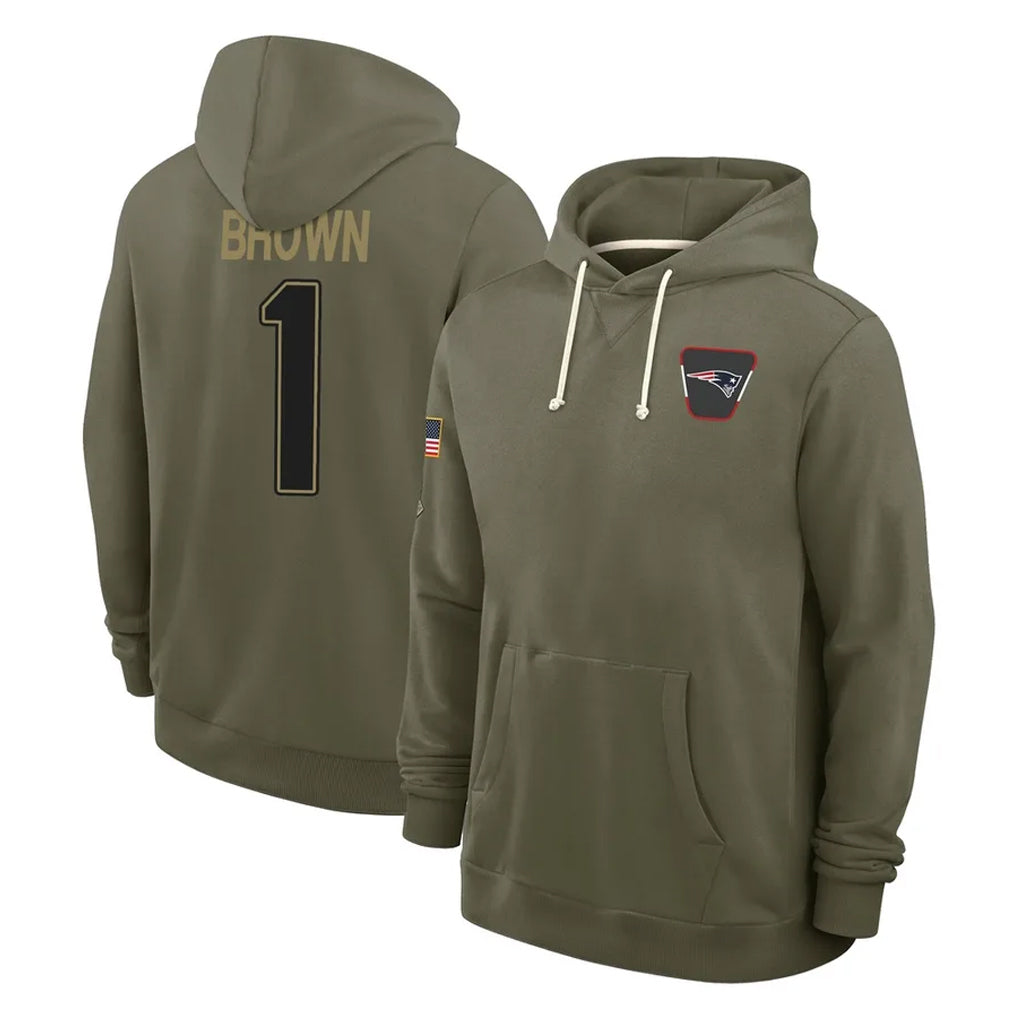 NE.Patriots #1 A.J. Brown Player Olive Salute to Service Pullover Hoodies Limited Qdoa Stitched Jerseys