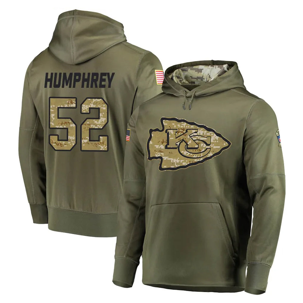 KC.Chiefs #52 Creed Humphrey Player Olive Salute to Service Pullover Hoodies Home Game Qdoa Stitched Jerseys