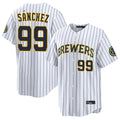 M.Brewers #99 Gary Sanchez Player White Stripes Home Limited Game Qdoa Stitched Jerseys