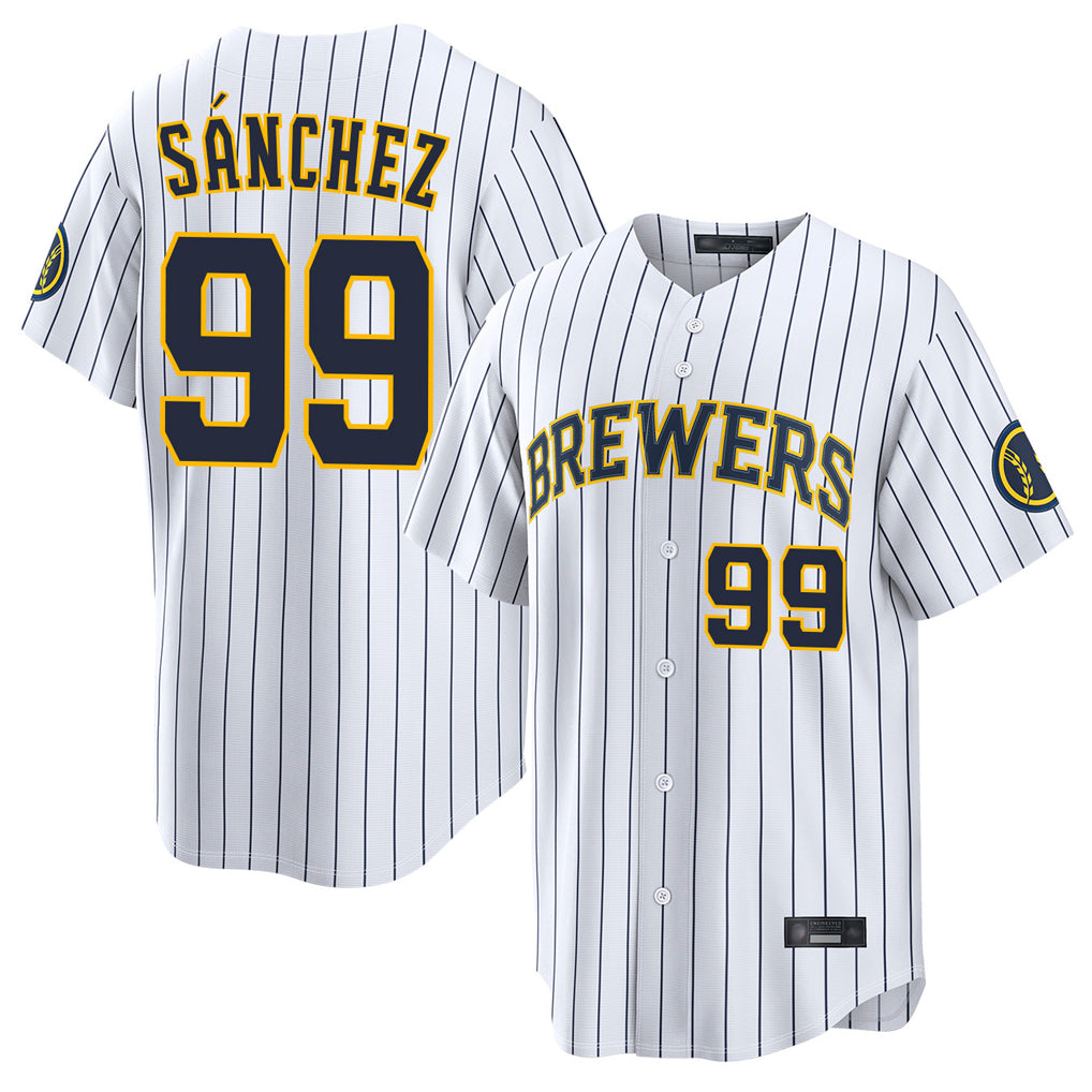 M.Brewers #99 Gary Sanchez Player White Stripes Home Limited Game Qdoa Stitched Jerseys