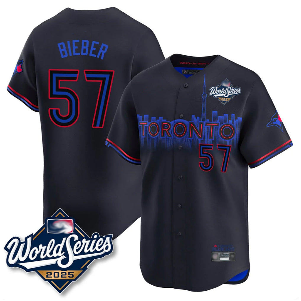 T.Blue Jays #57 Shane Bieber Player Black 2025 World Series City Connect All Qdoa Stitched Jerseys