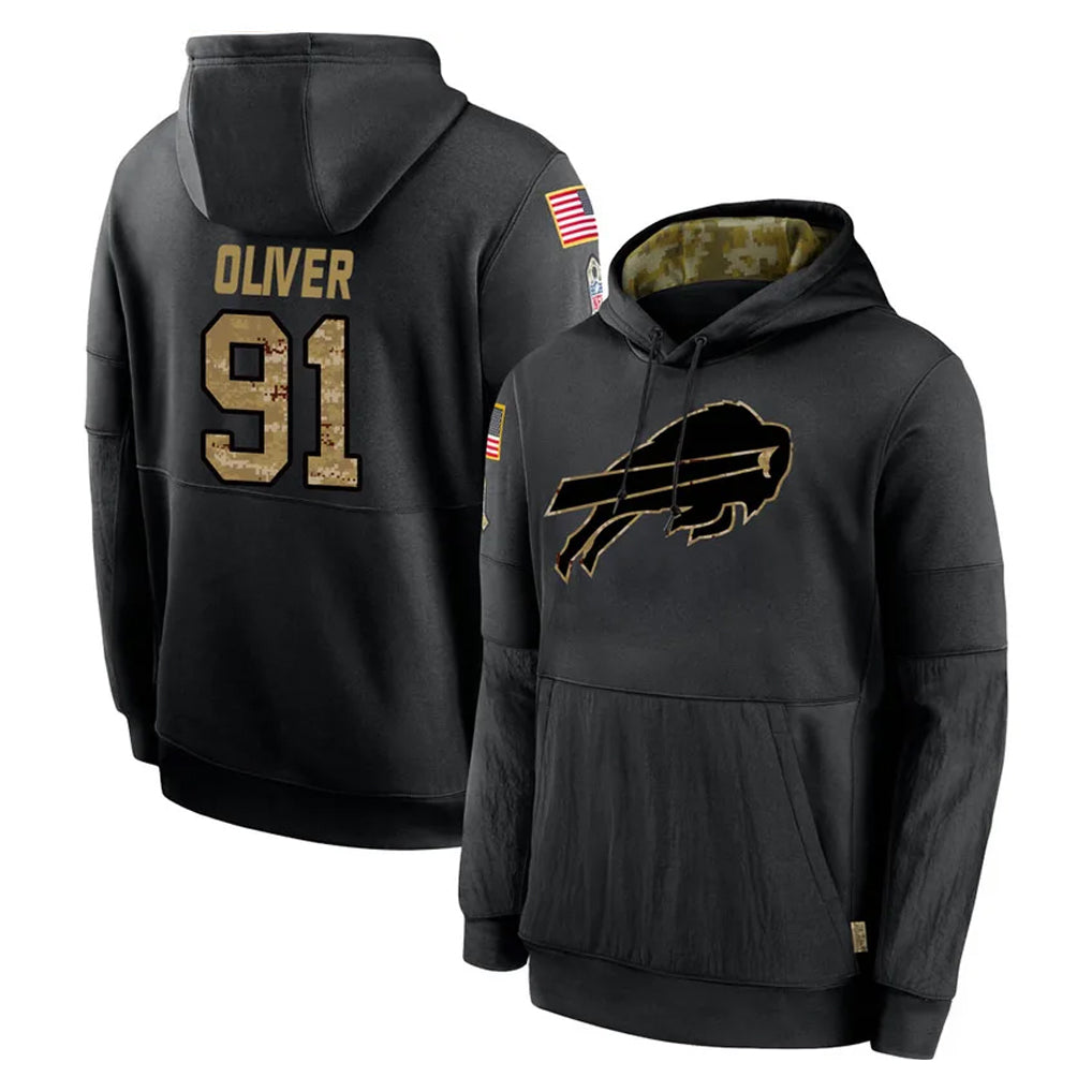 B.Bills #91 Ed Oliver Player Black Salute to Service Hoodies Qdoa Stitched Jersey