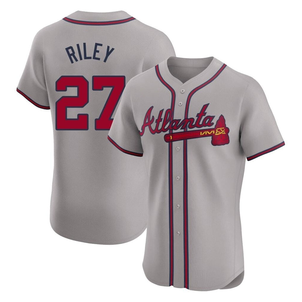 A.Braves #27 Austin Riley Player Gray Limited Elite Home Game Qdoa Stitched Jerseys