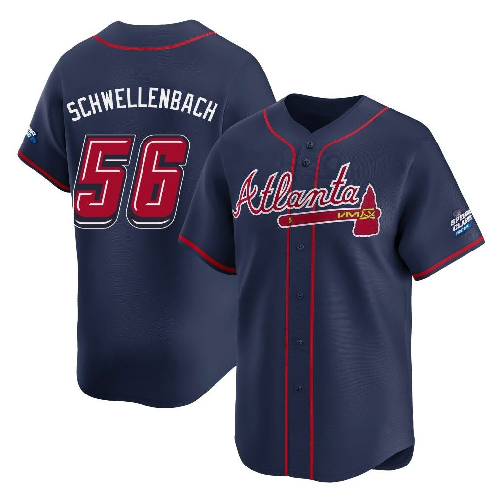 A.Braves #56 Spencer Schwellenbach Player Navy 2025 Speedway Classic Home Game Qdoa Stitched Jerseys