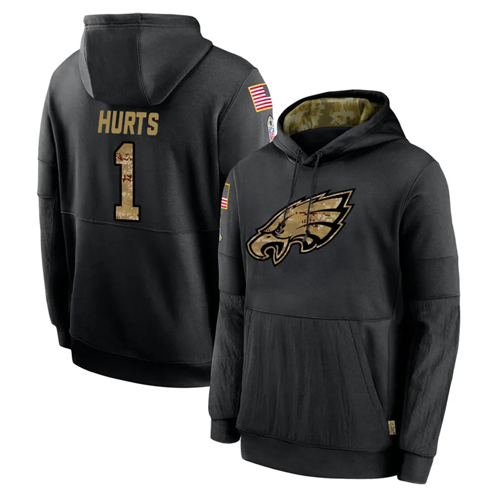 P.Eagles #1 Jalen Hurts Player Black Salute to Service Hoodies Limited Game Qdoa Stitched Jerseys