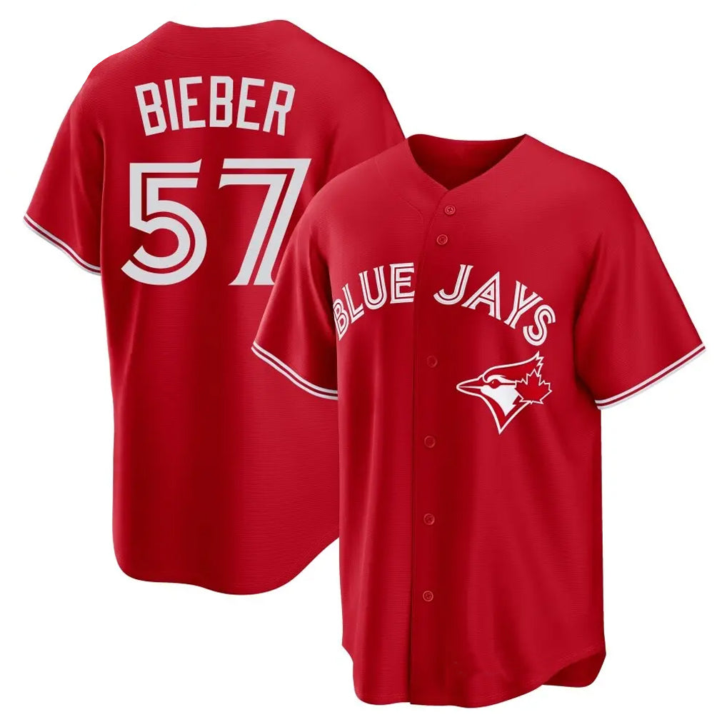 T.Blue Jays #57 Shane Bieber Player Red Home Qdoa Stitched Jerseys
