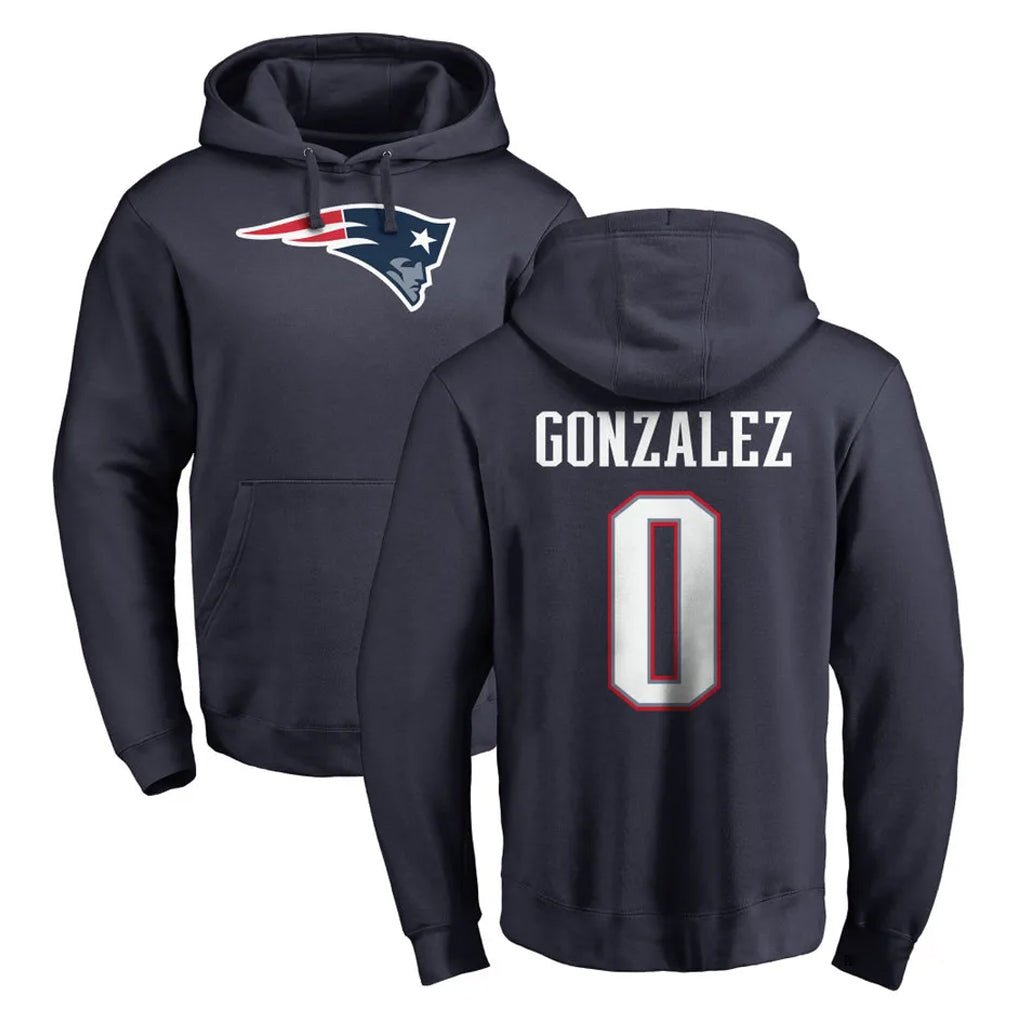 NE.Patriots #0 Christian Gonzalez Player Navy LOGO Pullover Hoodies Home Game Qdoa Stitched Jerseys
