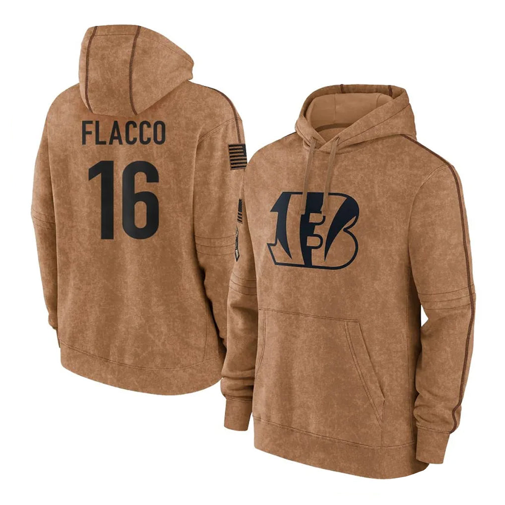 C.Bengals #16 Joe Flacco Player Brown Salute to Service Pullover Hoodie Limited Qdoa Stitched Jerseys