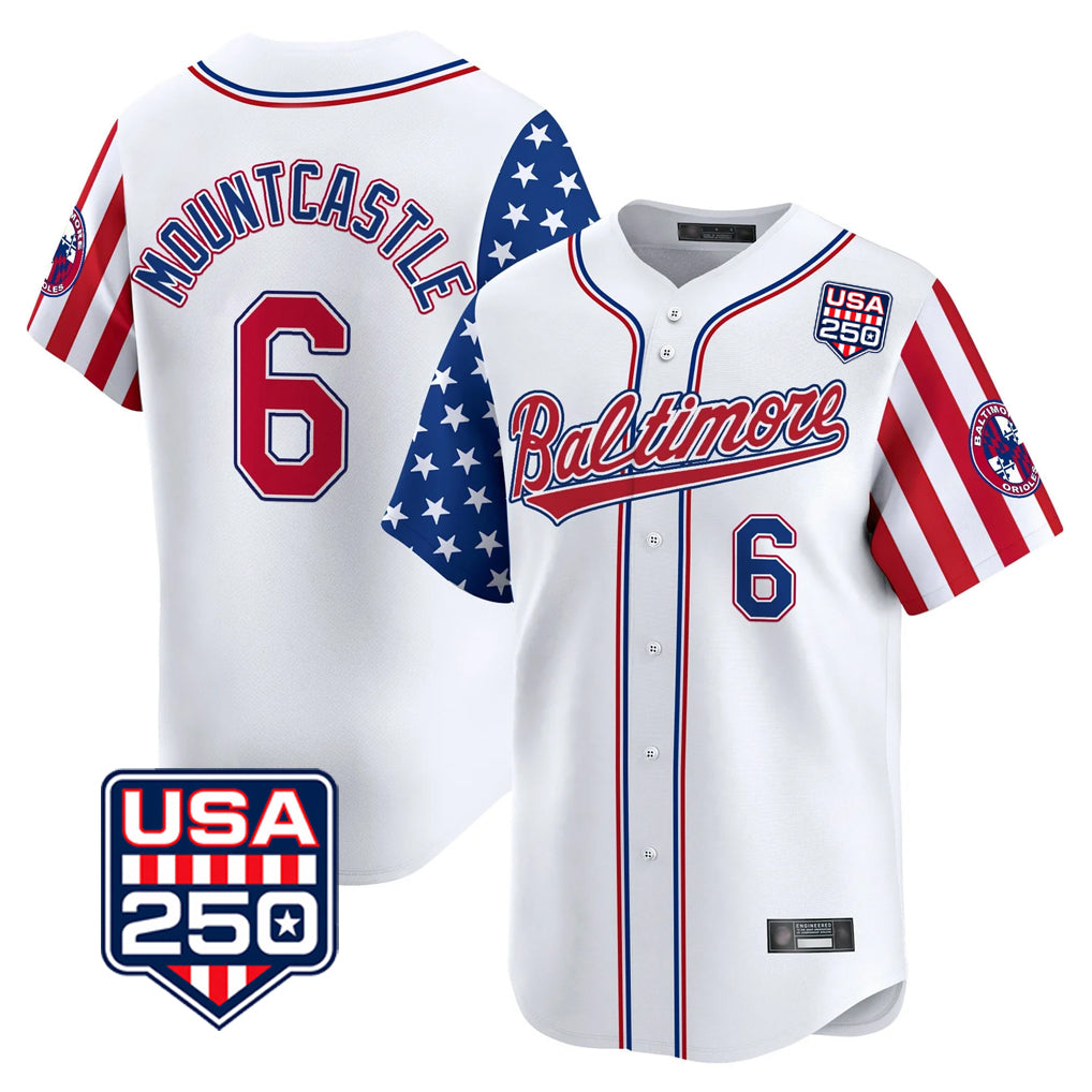 B.Orioles #6 Ryan Mountcastle Player White USA 250 Independence Day Vapor Premier Limited Home Game Qdoa Stitched Jerseys