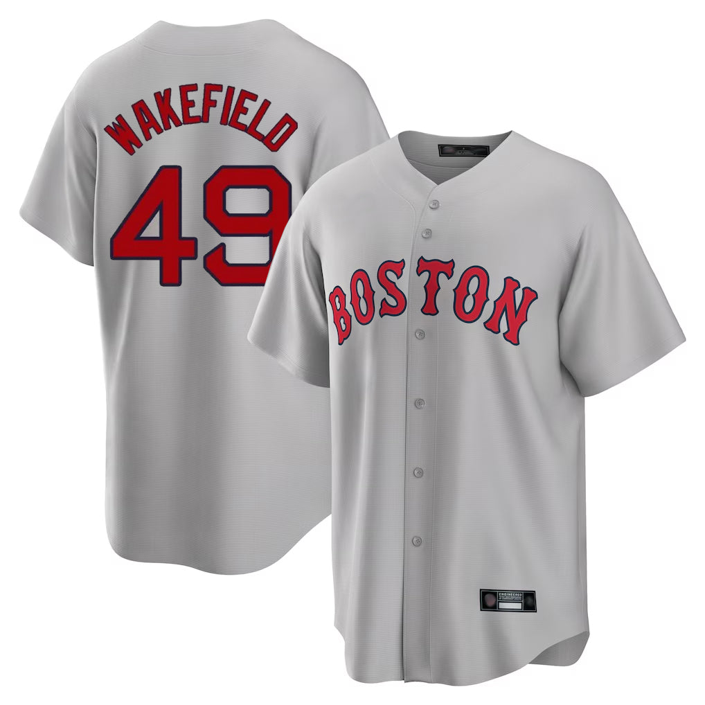 B.Red Sox #49 Tim Wakefield Player Gray Road Home Game Qdoa Stitched Jerseys