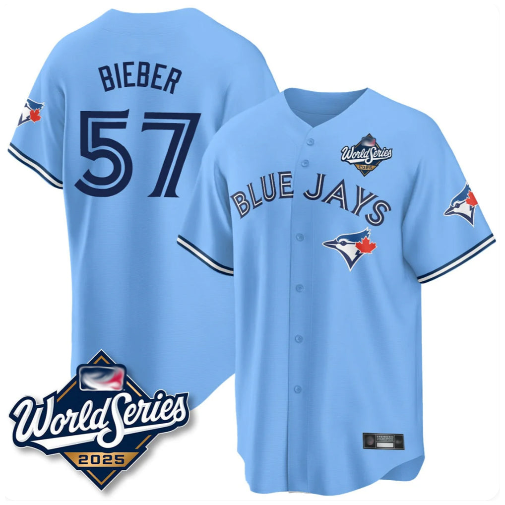 T.Blue Jays #57 Shane Bieber Player Blue 2025 World Series All Qdoa Stitched Jerseys