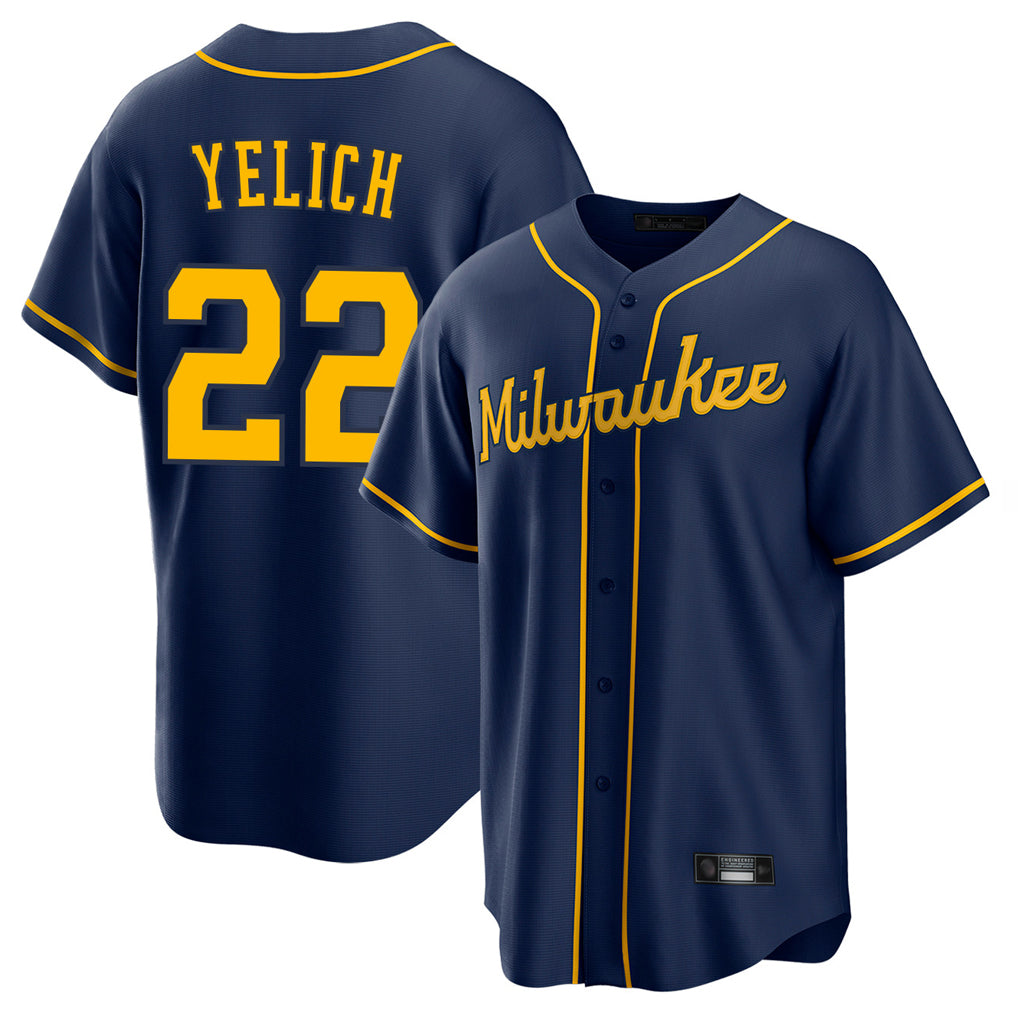 M.Brewers #22 Christian Yelich Player Navy Home Game Qdoa Stitched Jerseys