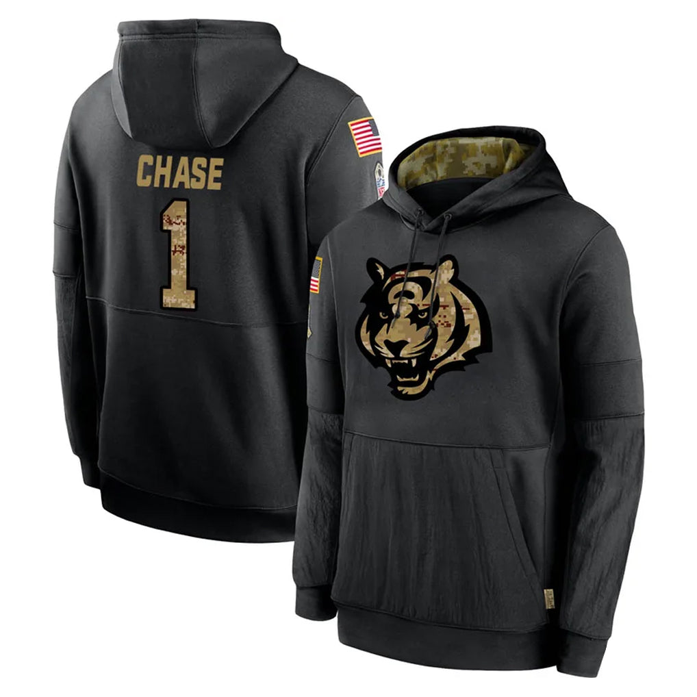 C.Bengals #1 Ja'Marr Chase Player Black Salute to Service Pullover Hoodies Limited Qdoa Stitched Jerseys
