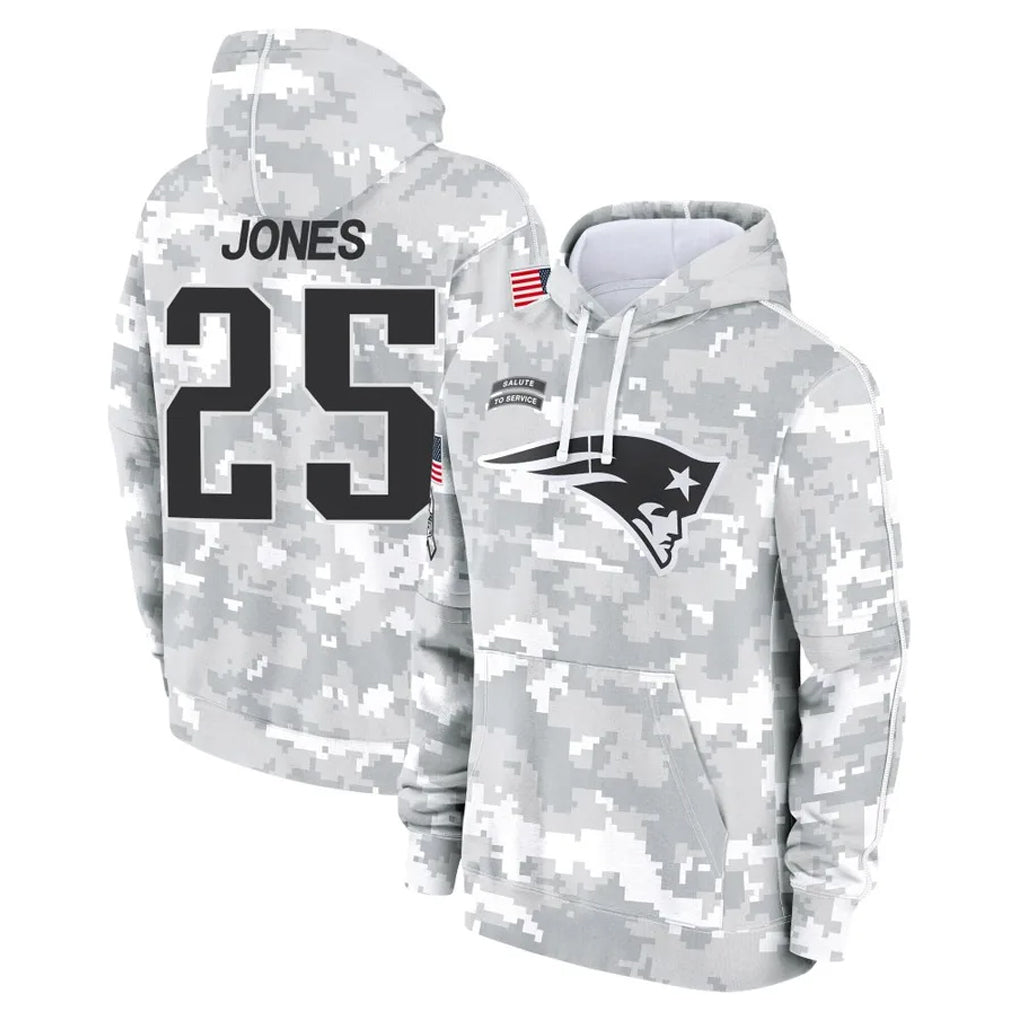 NE.Patriots #25 Marcus Jones Player Arctic Camo Salute to Service Pullover Hoodies Limited Game Qdoa Stitched Jerseys