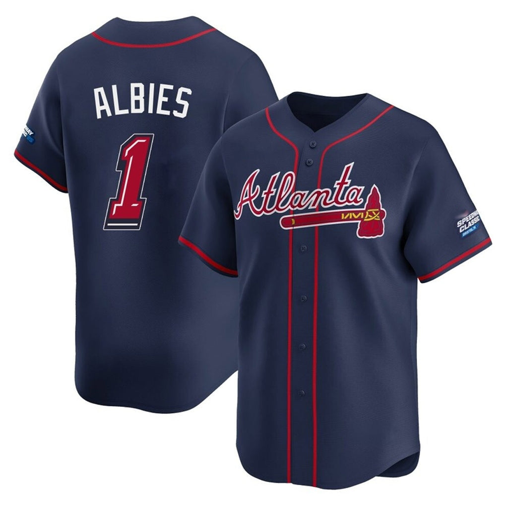 A.Braves #1 Ozzie Albies Player Navy 2025 Speedway Classic Home Game Qdoa Stitched Jerseys