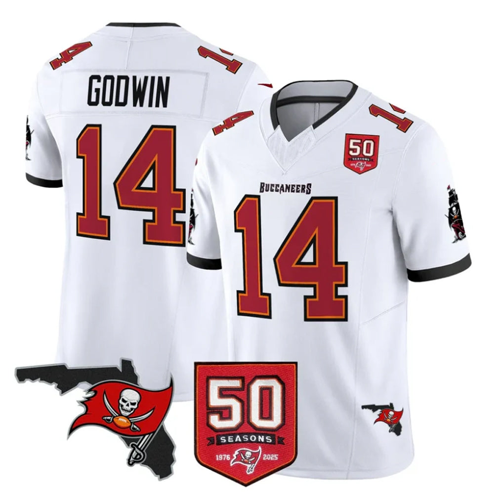TB.Buccaneers #14 Chris Godwin Jr. Player White 50th Season Vapor Limited Home Game Qdoa Stitched Jerseys