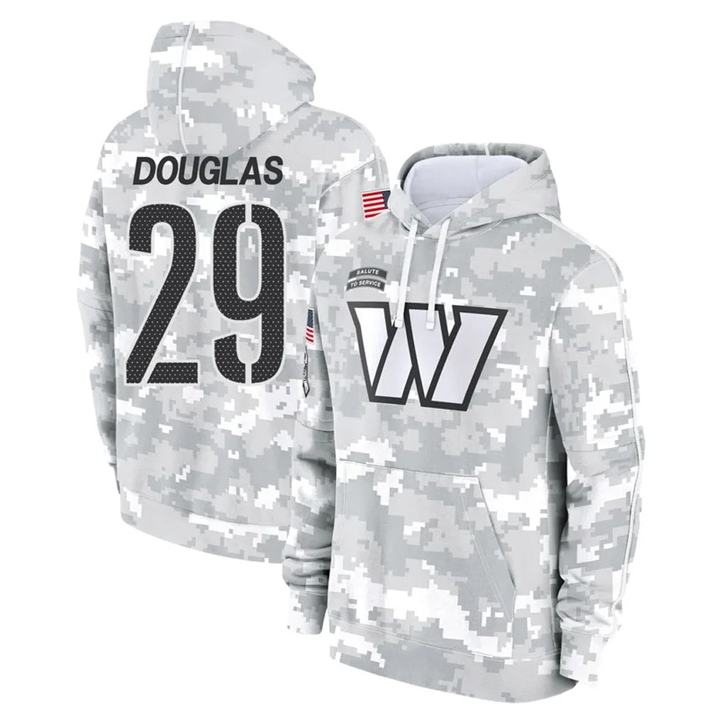 W.Commanders #29 Rasul Douglas Player Arctic Camo Limited Salute to Service Pullover Hoodies Game Qdoa Stitched Jerseys