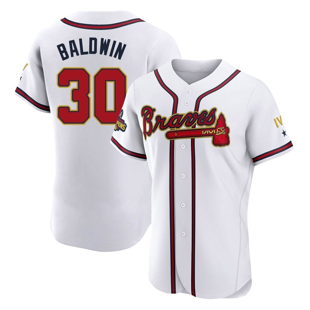 A.Braves #30 Drake Baldwin Player White Gold Limited Elite Home Game Qdoa Stitched Jerseys