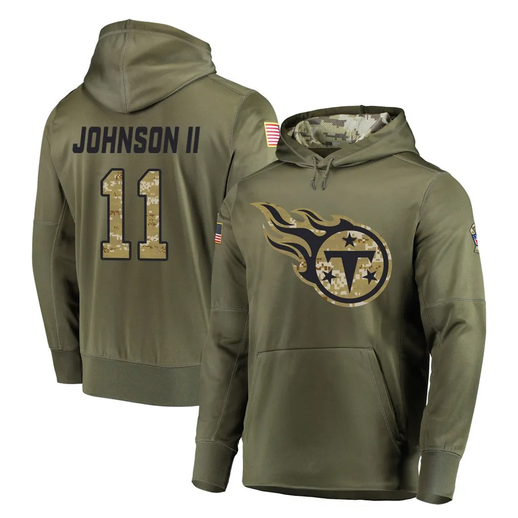 T.Titans #11 Jermaine Johnson II Player Olive Salute to Service Pullover Hoodies Home Game Qdoa Stitched Jerseys