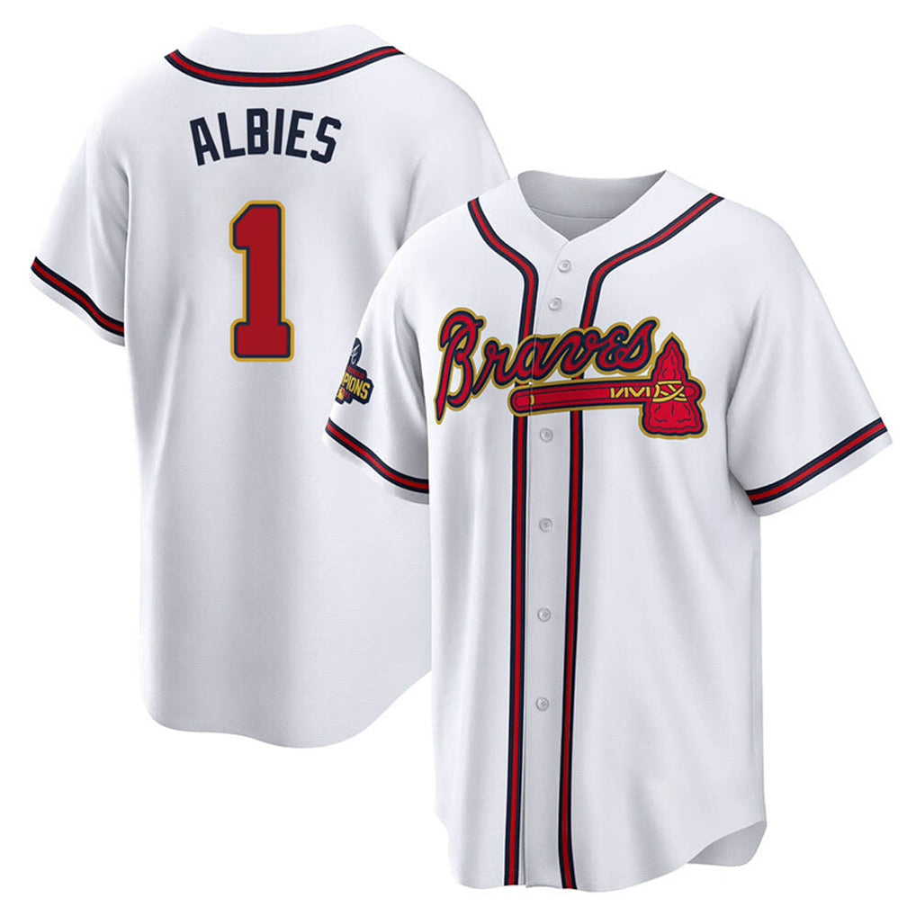 A.Braves #1 Ozzie Albies Player White Gold Home Game Qdoa Stitched Jerseys