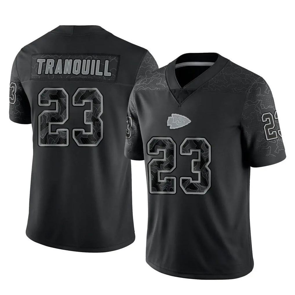 KC.Chiefs #23 Drue Tranquill Player Black Limited Reflective Game Qdoa Stitched Jerseys