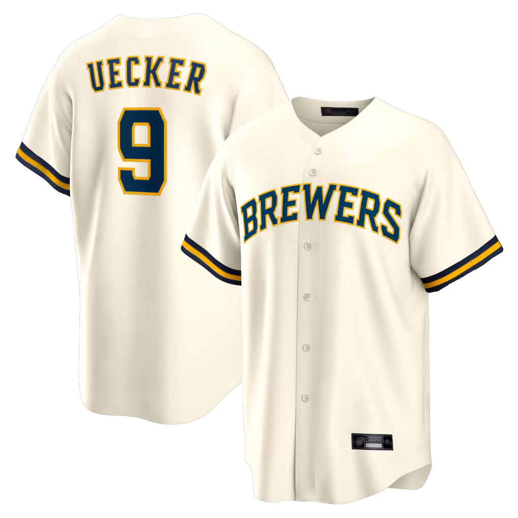 M.Brewers #9 Bob Uecker Player Cream Home Game Qdoa Stitched Jerseys