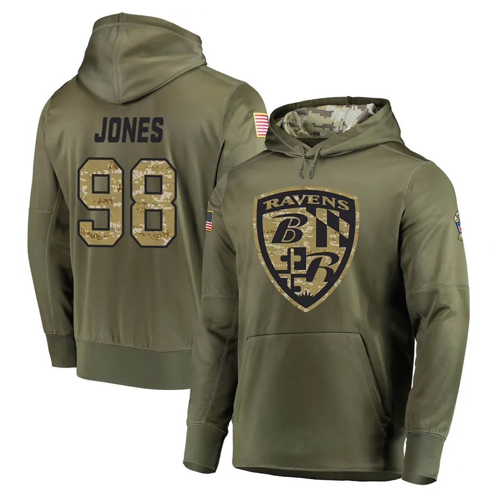 B.Ravens #98 Travis Jones Player Olive Salute to Service Pullover Hoodie Qdoa Stitched Jerseys