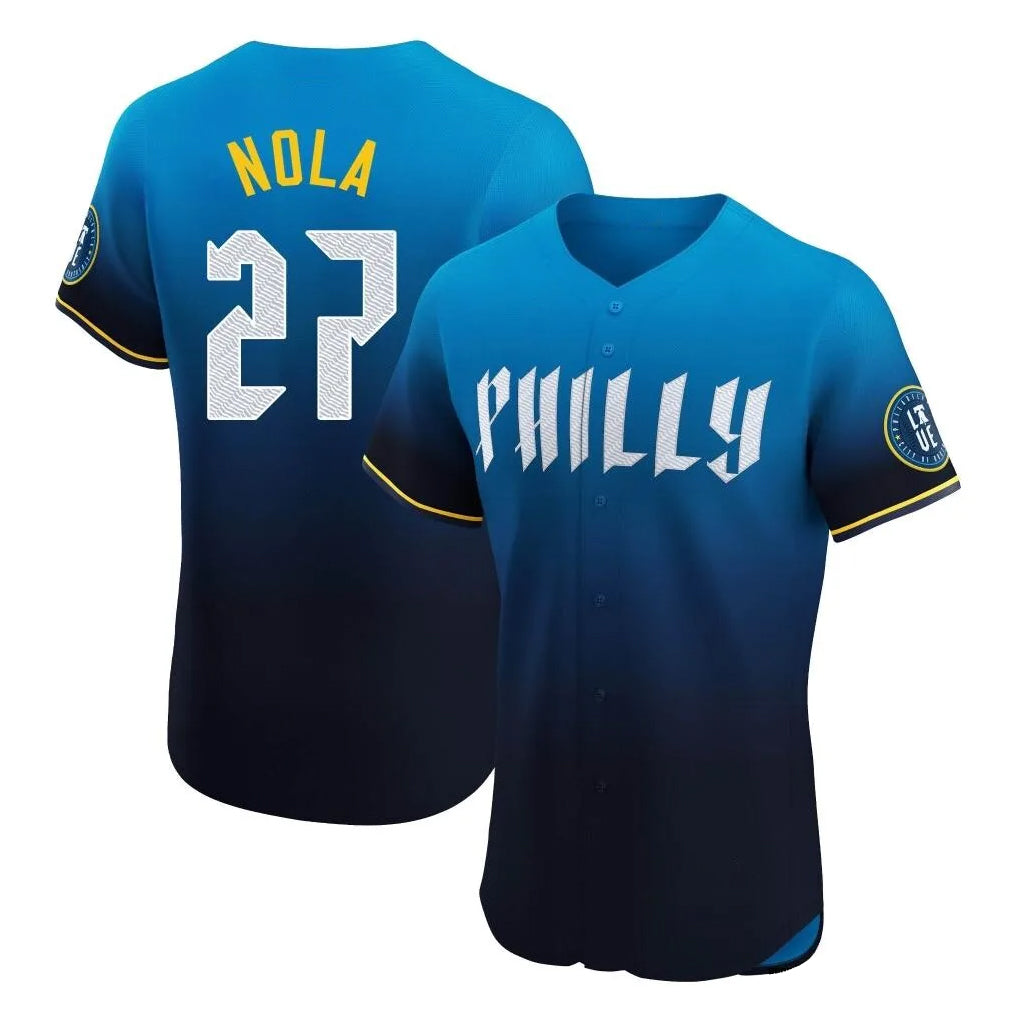 P.Phillies #27 Aaron Nola Player Blue City Connect Home Limited Elite Qdoa Stitched Jerseys