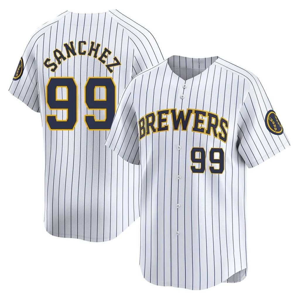 M.Brewers #99 Gary Sanchez Player White Stripes Home Game Qdoa Stitched Jerseys