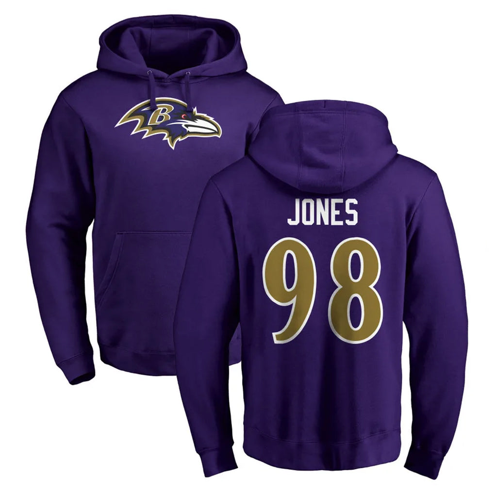 B.Ravens #98 Travis Jones Player Purple Salute to Service Pullover Hoodie Qdoa Stitched Jerseys